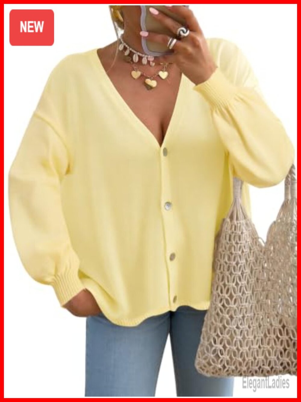 Long Lantern Sleeve Button Down Oversized Knit Cardigan Sweater